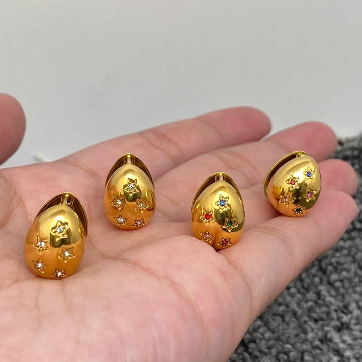 Mio Queena - Wholesale Stud/Post Earrings - Colored CZ Star 18K Golden Shiny Drop Stud Earings - FGS4