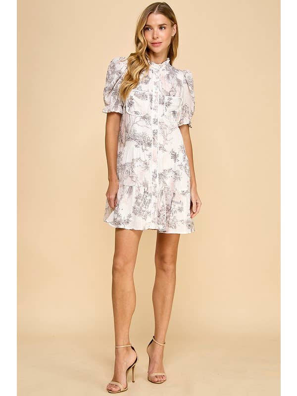 BLUSH CD05131-Pink Toile Printed Button Up Dress for wholesale on Faire