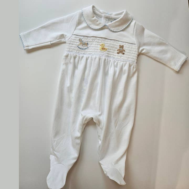 Toy Box Romper – Blue | Pima Cotton | Hand Embroidered for wholesale by The Blue Zebra