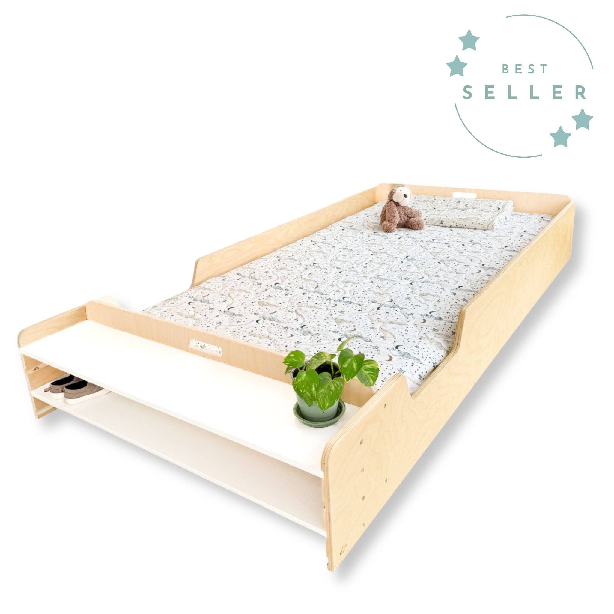 Sapiens Child - Wholesale Bed - Kids & Baby - APPLE - Montessori Floor Bed with Rails & Shelves1