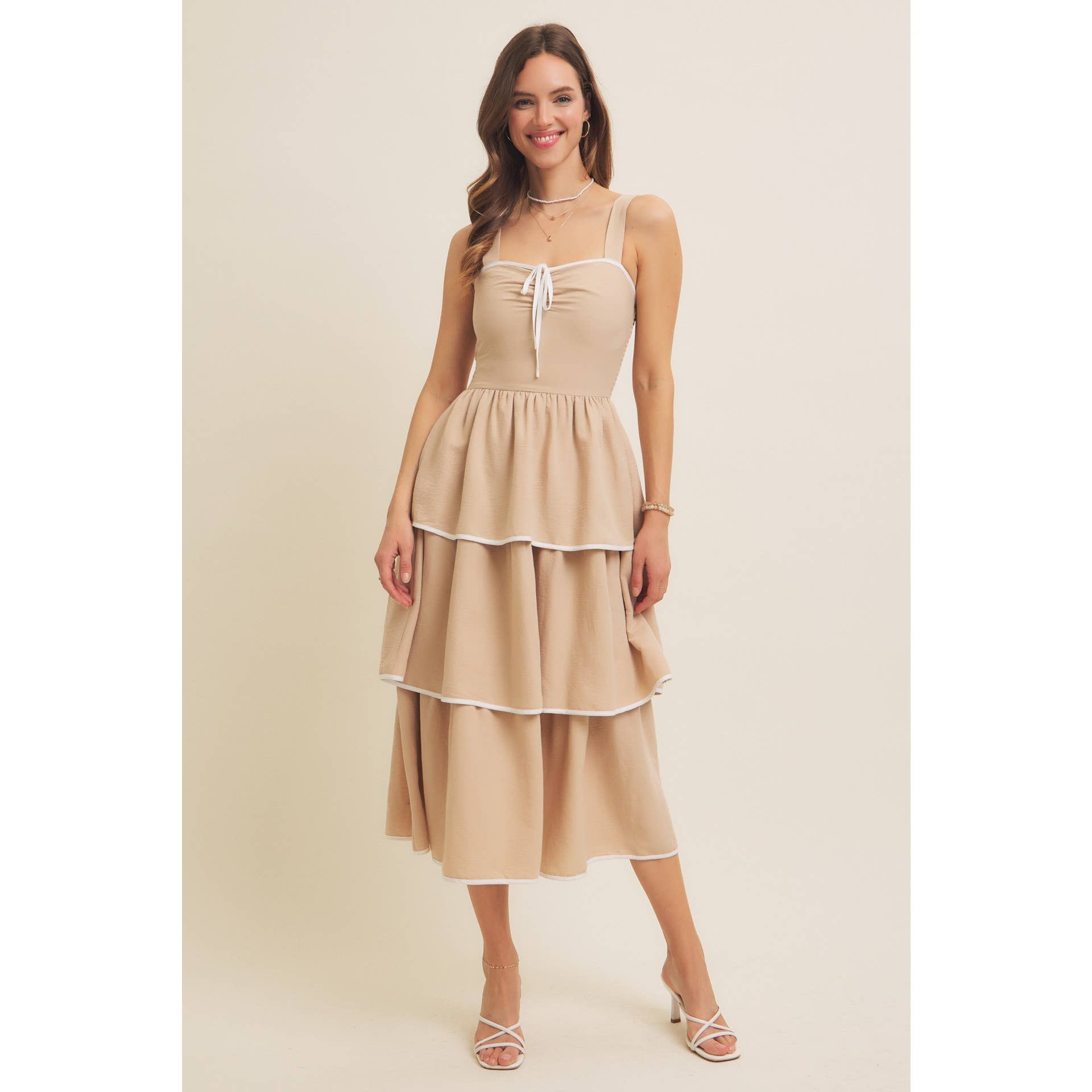 in february - Wholesale Dress - Women's - CONTRAST BINDING WITH BOW MIDI DRESS IN TIERED RUFFLES 20
