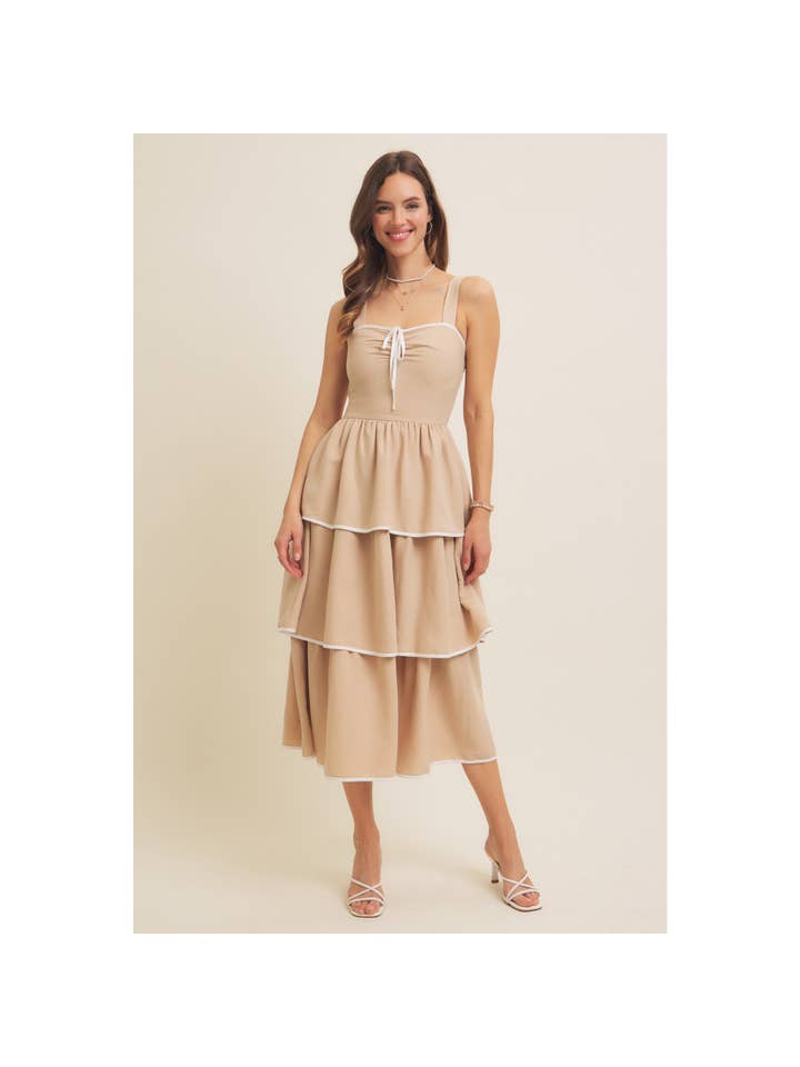 in february - Wholesale Dress - Women's - CONTRAST BINDING WITH BOW MIDI DRESS IN TIERED RUFFLES 20