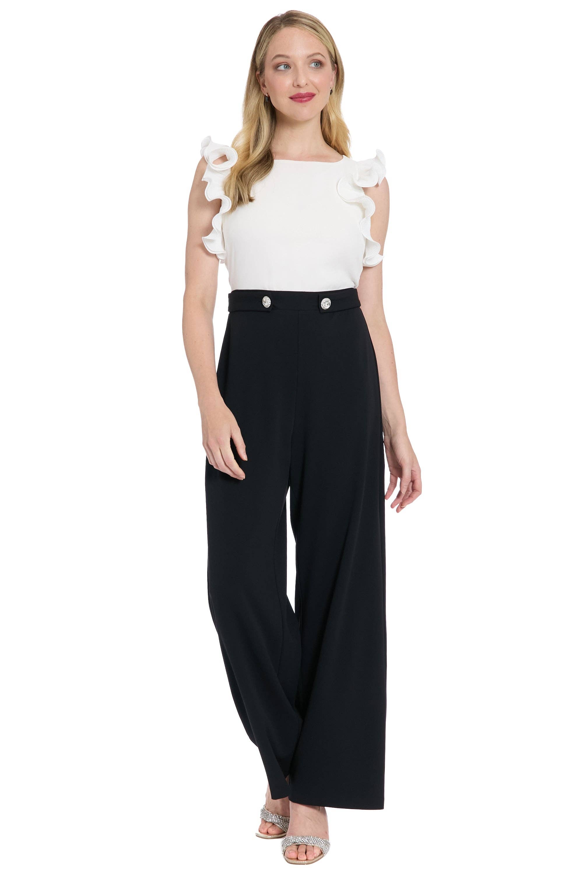 Maggy London Group - Wholesale Jumpsuit - Women's - PLEATED RUFFLE SLV MIXED MEDIA JUMPSUIT WITH BUTTON TABS4