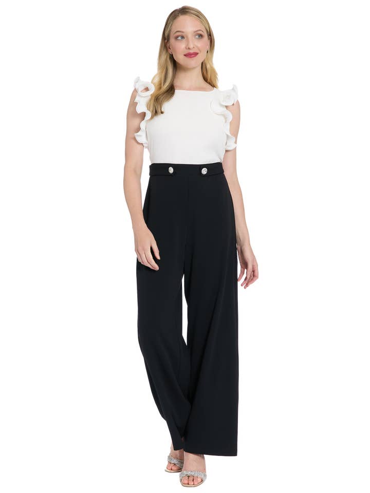 Maggy London Group - Wholesale Jumpsuit - Women's - PLEATED RUFFLE SLV MIXED MEDIA JUMPSUIT WITH BUTTON TABS4
