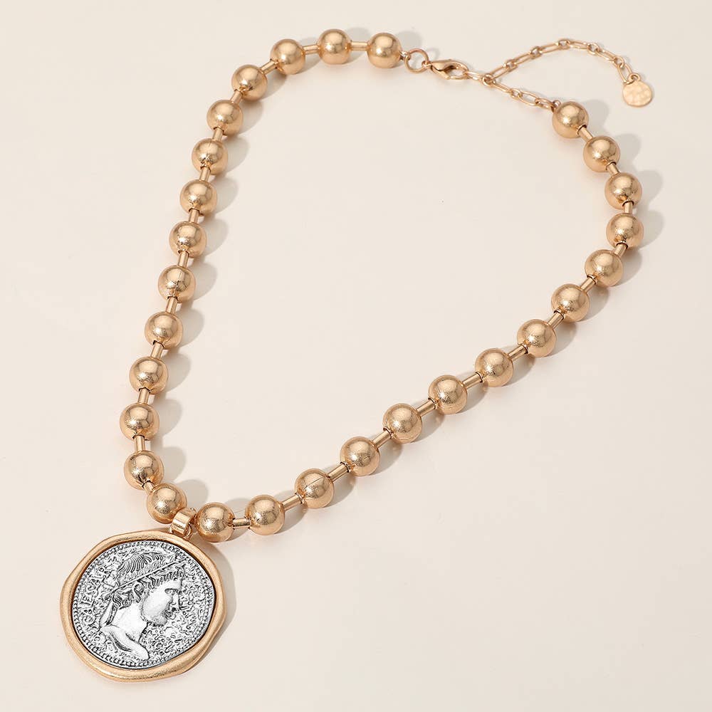 Sensibling Corp. - Wholesale Pendant/Charm Necklace - Worn Metal Roman Caesar Medal Pendant Beaded Necklace2