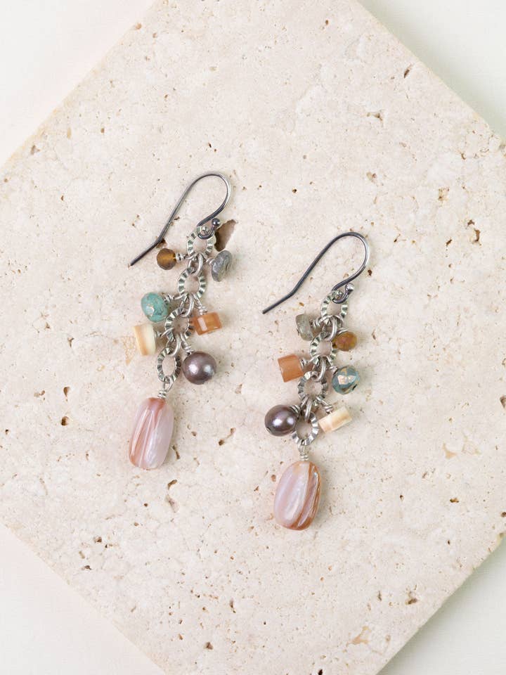 Namaste Czech Glass, Pink Abalone, Freshwater Pearl Cluster Earrings for wholesale by Anne Vaughan Designs Jewelry