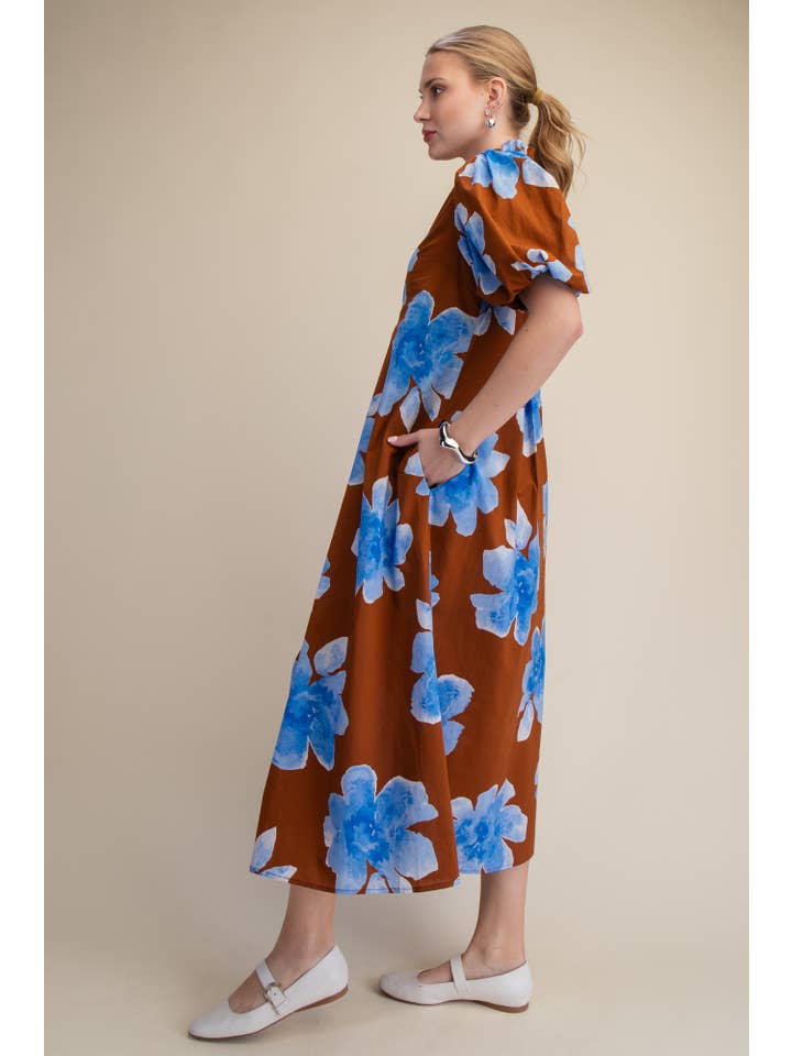 Glam - Wholesale Dress - Women's - Ruffle V-Neck Puff Sleeve Waist Pleated Midi Dress5