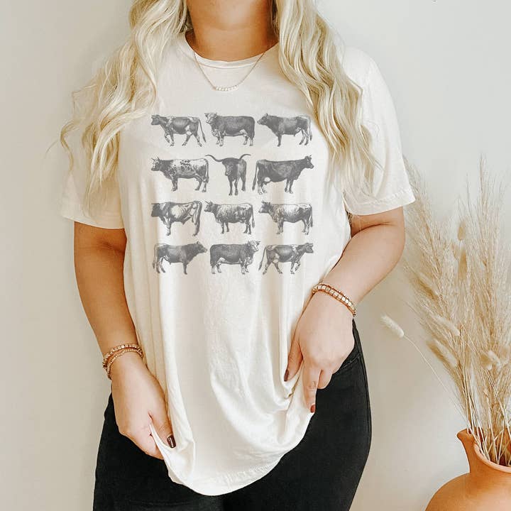 Amy Anne Apparel Inc – wholesale Screen printed t-shirt – Women′s – Vintage Cow Bull Graphic Tee Farm Western Wear Cow Shirt