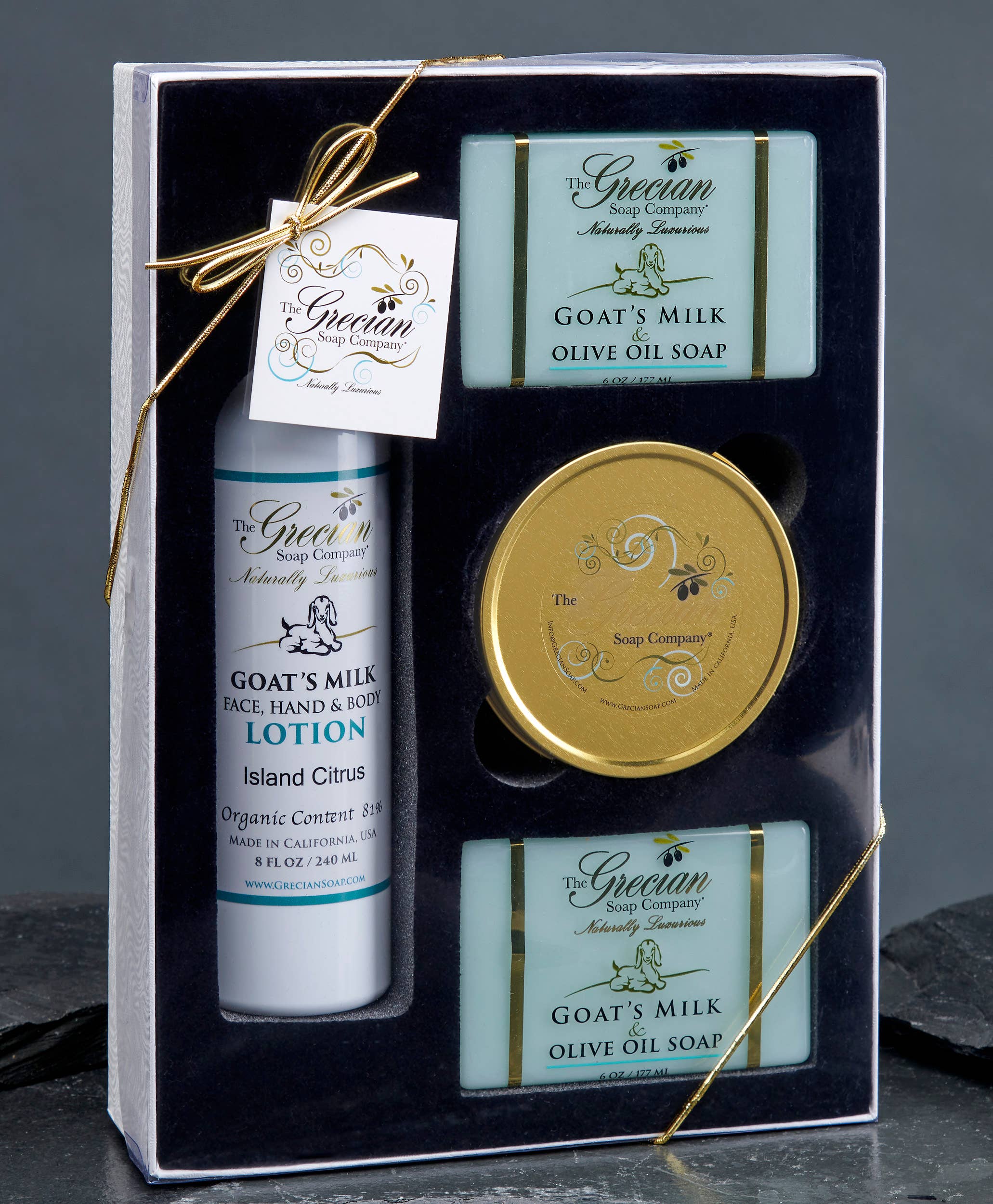 The Grecian Soap Company – wholesale Bath & body set – Organic Goat's Milk Lotion, Soaps, Handmade Candle Gift Set