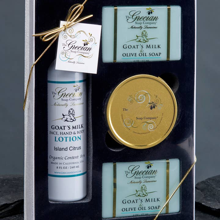 The Grecian Soap Company – wholesale Bath & body set – Organic Goat's Milk Lotion, Soaps, Handmade Candle Gift Set0