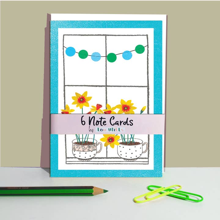 Notekort - 6-pakke - Gryder med påskeliljer i vindue - Bunting for engroshandel hos Lou Mills