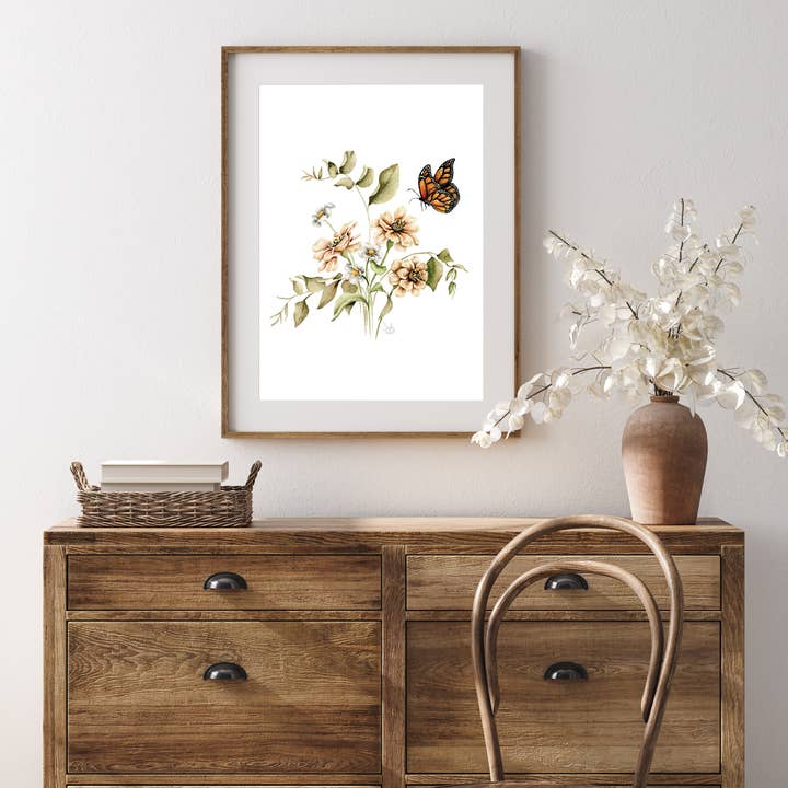 Sarah Jane Studio Art - Wholesale Art Print - Zinnias and Monarch Butterfly Watercolor Print1