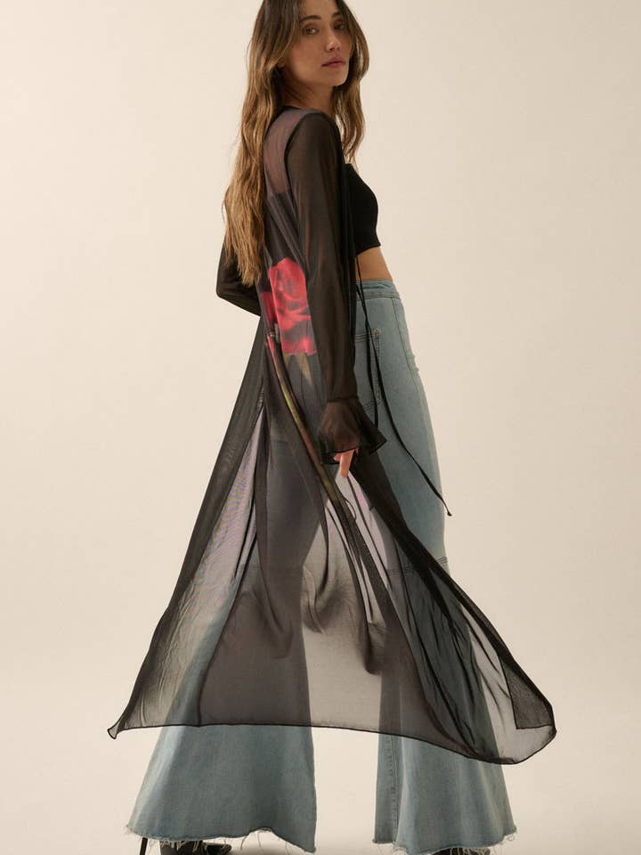 Rose Back-Print Sheer Mesh Tie-Front Kimono for wholesale by Promesa USA