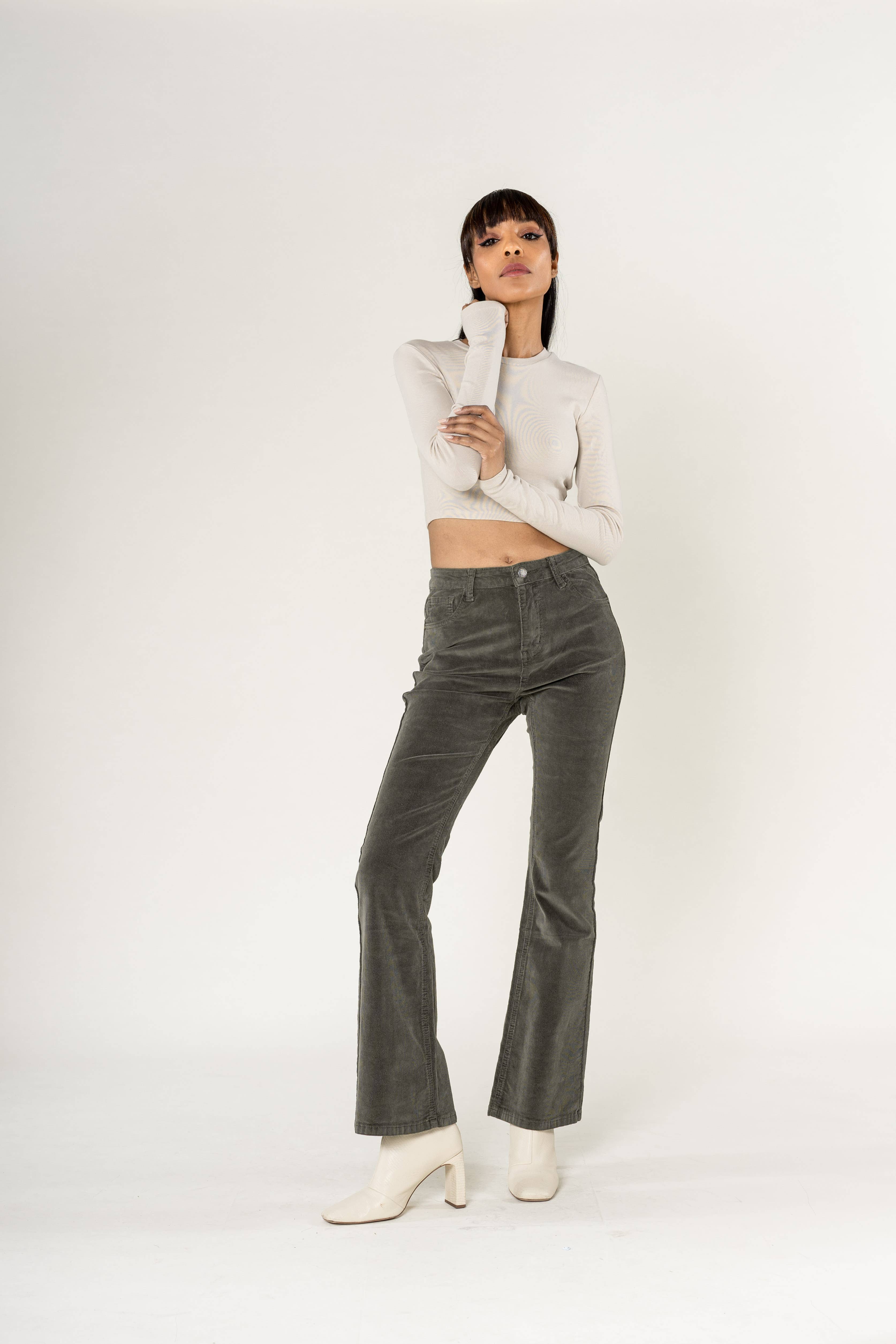 Nina Carter - Wholesale Pants - Women's - Bootcut High Waist Corduroy Back to School J22114