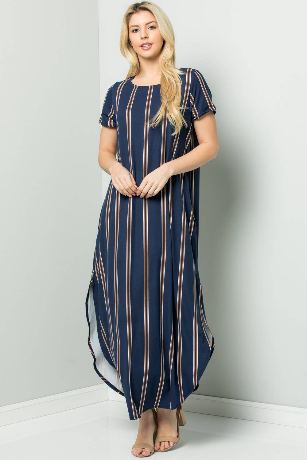 NAVY D02308 Striped Round Neck Maxi Dress with Side Pockets for wholesale on Faire