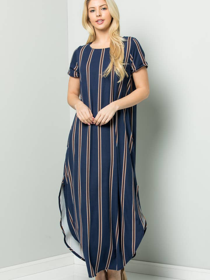 NAVY D02308 Striped Round Neck Maxi Dress with Side Pockets for wholesale on Faire0