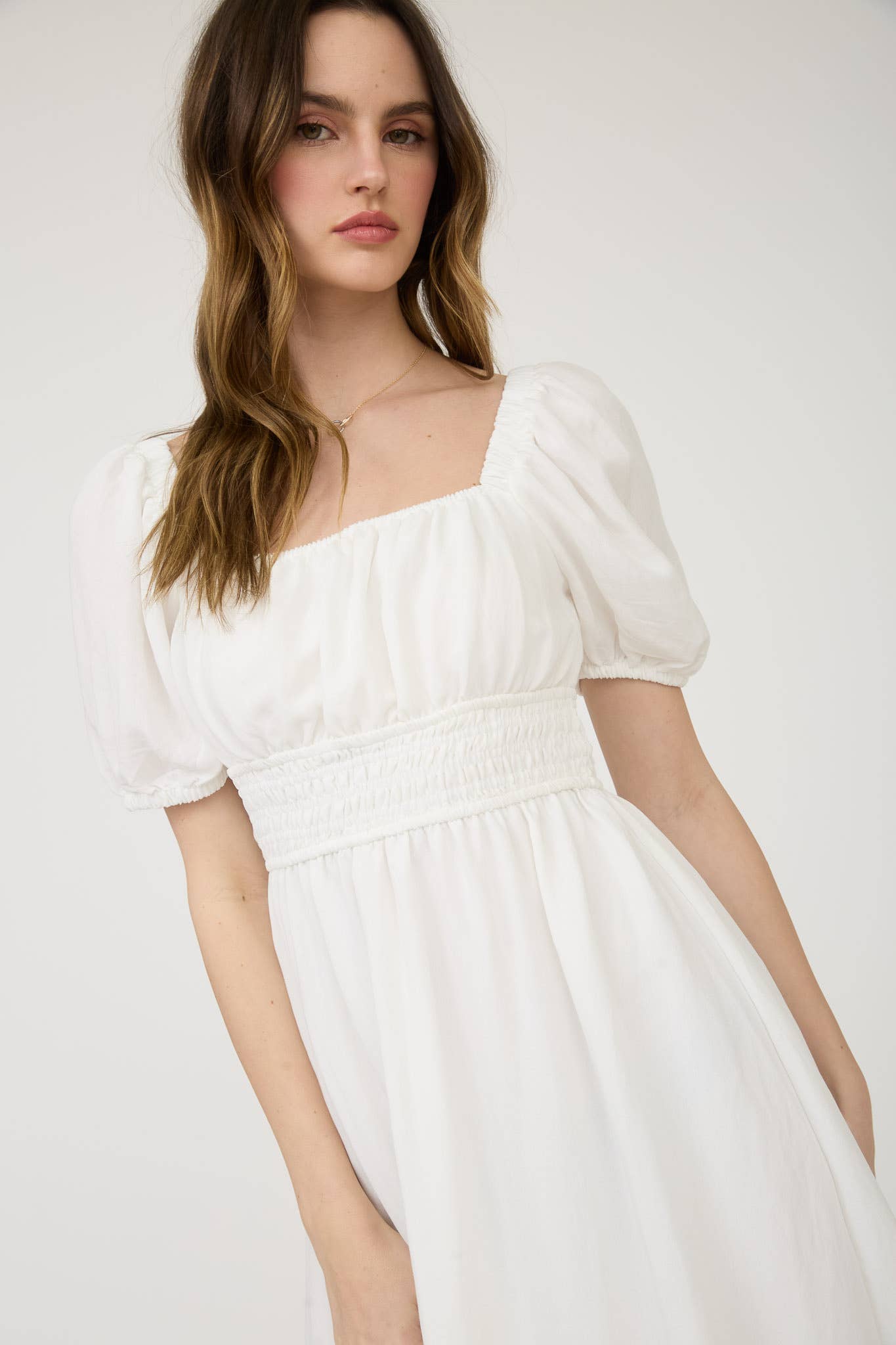 MINE – wholesale Dress – Women's – SOLID SMOCKED WAIST BALLOON SLEEVE MIDI DRESS17