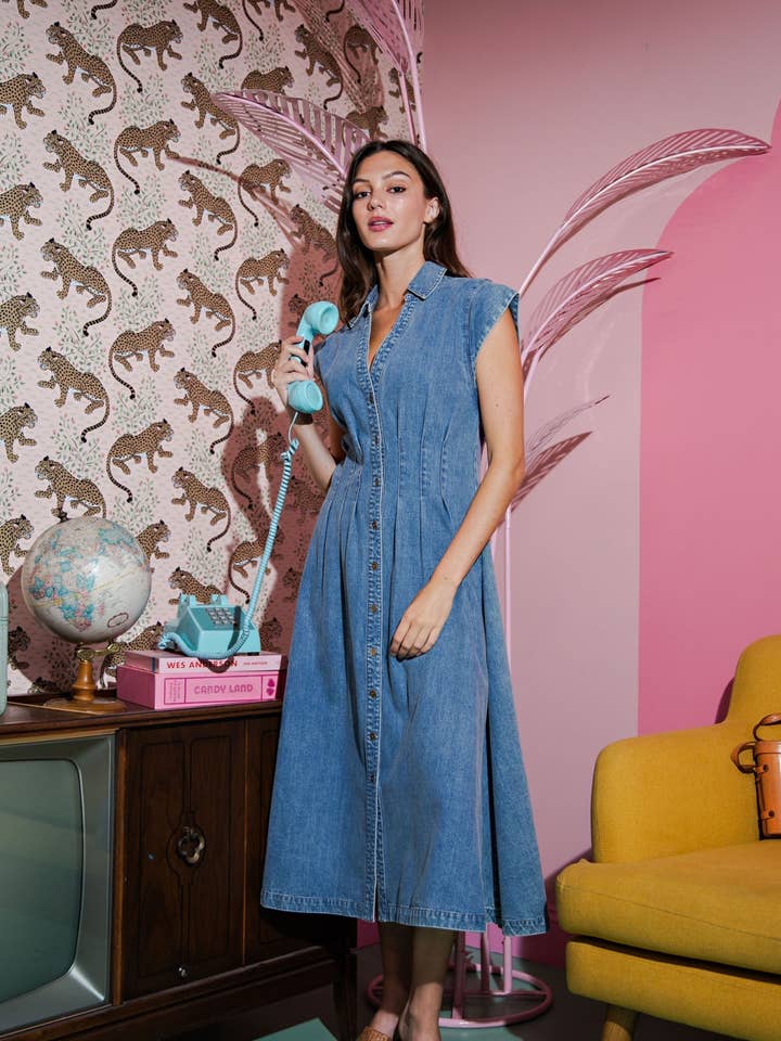 Vintage indigo Denim Maxi A-Line Shirt Dress for wholesale on Faire1