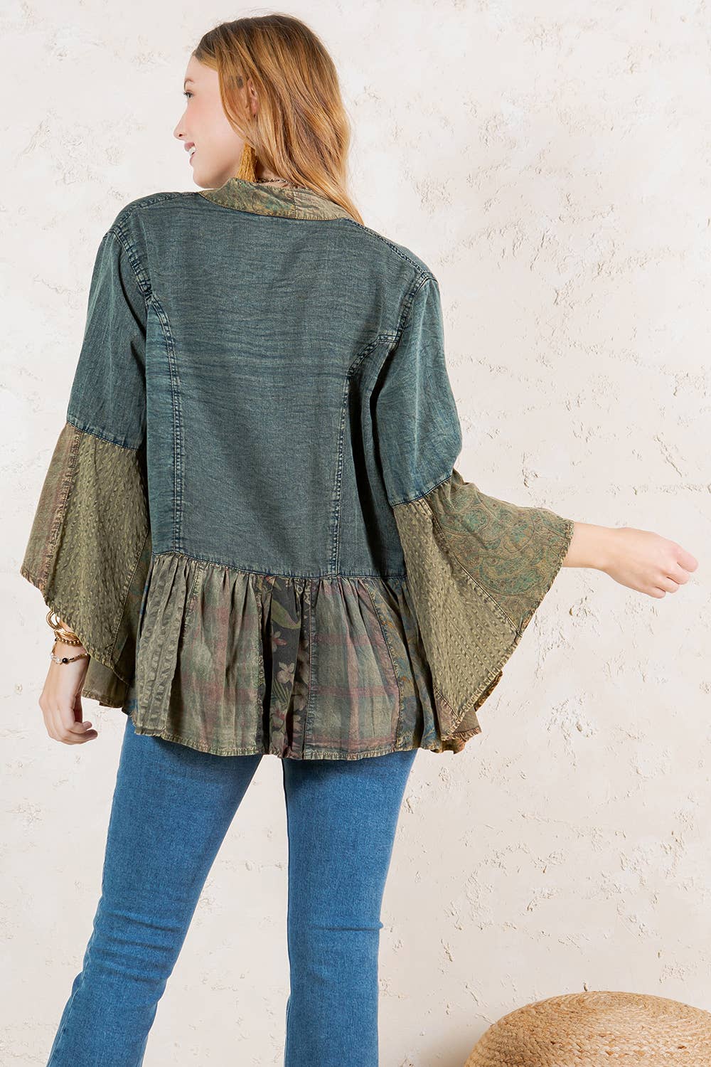 Young Threads - Wholesale Kimono - Women's - Western Boho Lace & Denim Patchwork Kimono Top NEW11