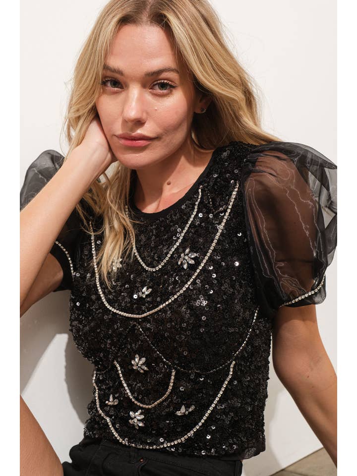 BLACK 34865T - Sequin Embellished Rhinestone Top for wholesale on Faire
