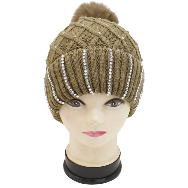ASSORTED Pom Pom Knitted Beanie With Rhinestone HA4727-8 (12PC) for wholesale on Faire1