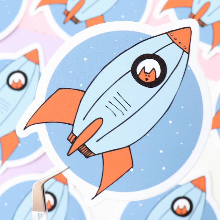 Rocket Cat glossy vinyl sticker for wholesale by Bird House Press