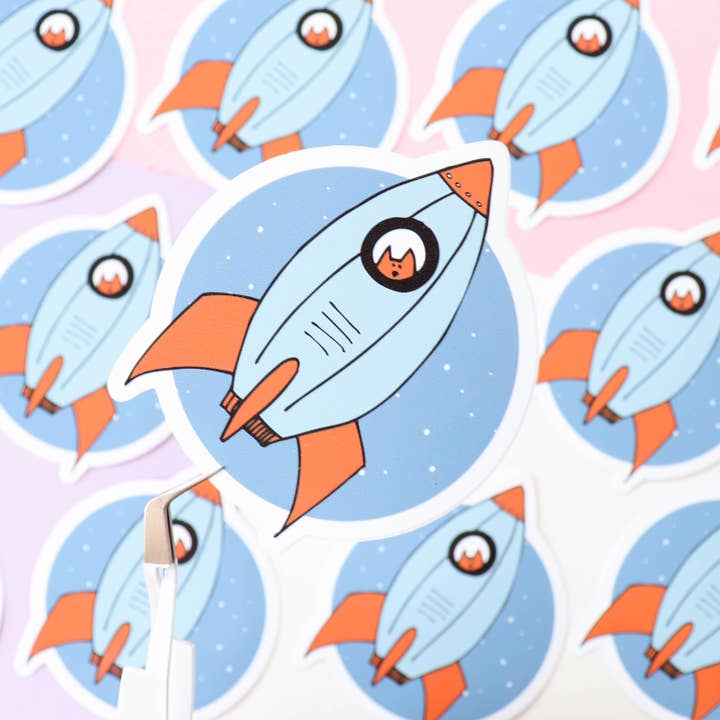 Rocket Cat glossy vinyl sticker for wholesale by Bird House Press