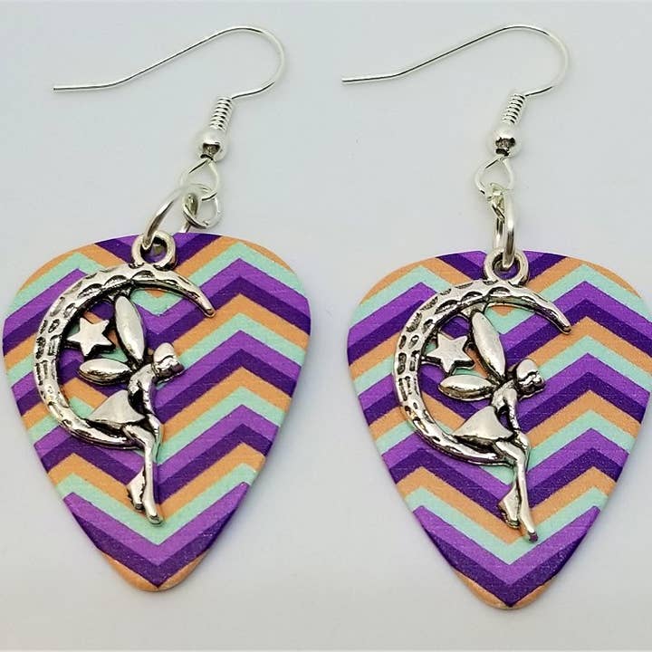 Simply Raevyn - Wholesale Dangle Earrings - Fairy on the Half Moon Charm Guitar Pick Earrings36
