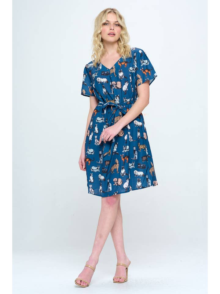 SM WARDROBE - Wholesale Dress - Women's - ALL OVER CAT PRINT BLUE DRESS WITH POCKET