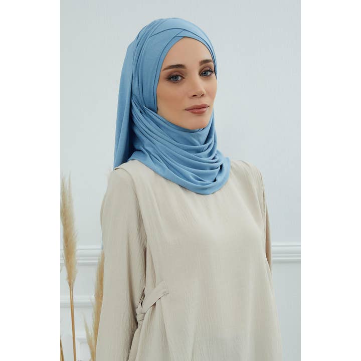 Aisha's Design - Wholesale Hijab - Women's - Comfortable Cross Stitched Jersey Shawl Practical Cotton Hijab for Women, Front Cross-Stitched Shirred Jersey Hijab Shawl,CPS-4523