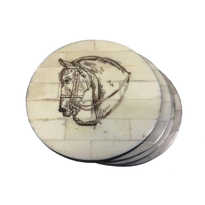 Horse Head Scrimshaw Bone Coasters (Set of 4) for wholesale by Madison Bay Co. - Historical Home Decor Reproductions