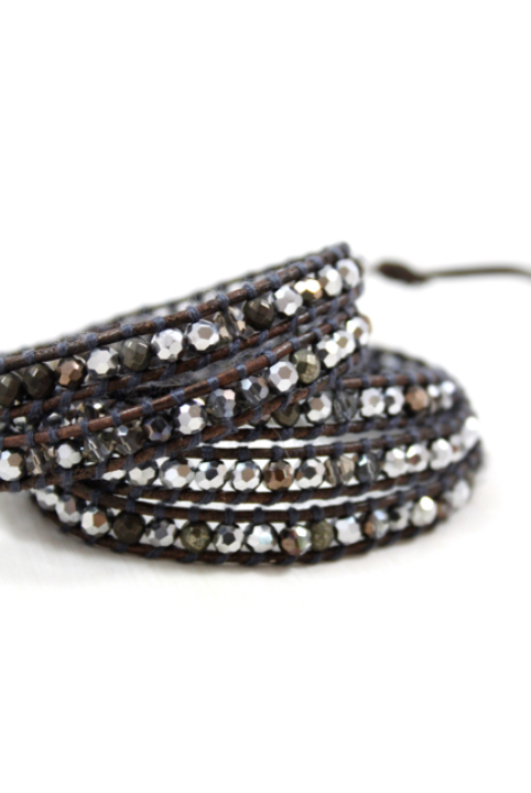 LIZOU - Wholesale Beaded Bracelet - Owl - Pyrite and Mirror Dipped Crystal Mix Leather Wrap3