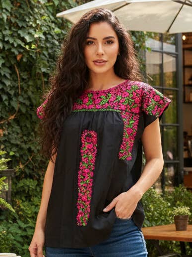Blusa de Gala Mexicana de San Antonino con Bordado de Seda Negra para venta al por mayor de Cielito Lindo