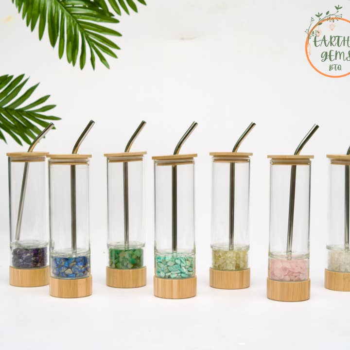 Earth's Gems Boutique - Wholesale Water Bottle - Gemstone Glass Water Bottle Cup with Metal Straw