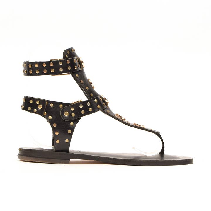 Women's Black Leather Ankle-Wrap Flat Sandals for wholesale by FIBO