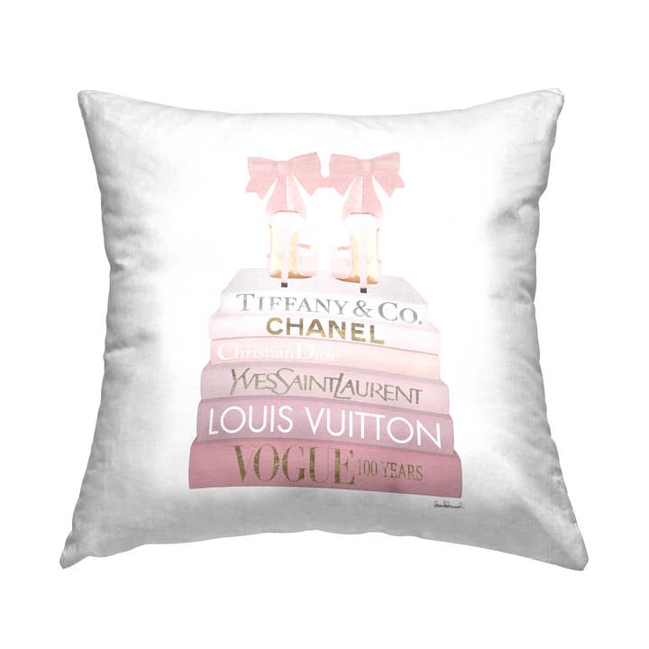 Pastel Pink Bow Heels Glam Bookstack Throw Pillow for wholesale by Stupell Industries