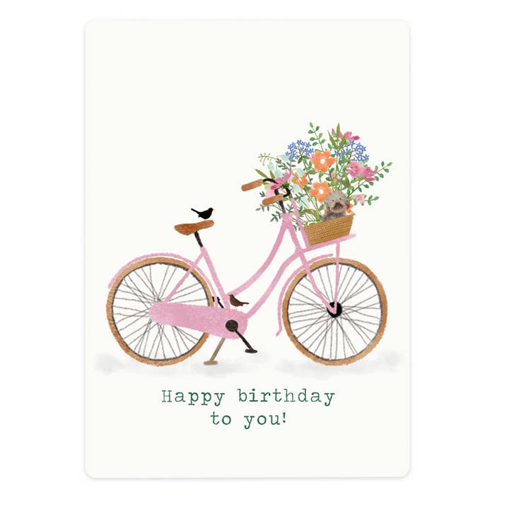 The Lemonbird - Wholesale Birthday Card - bike card with flowers and dog Happy birthday to you!