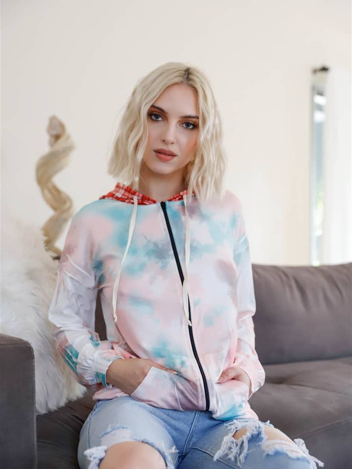 Feather & Tie-dye Print Contrast Plaid Hood Sweater for wholesale by Bandanas Wholesale