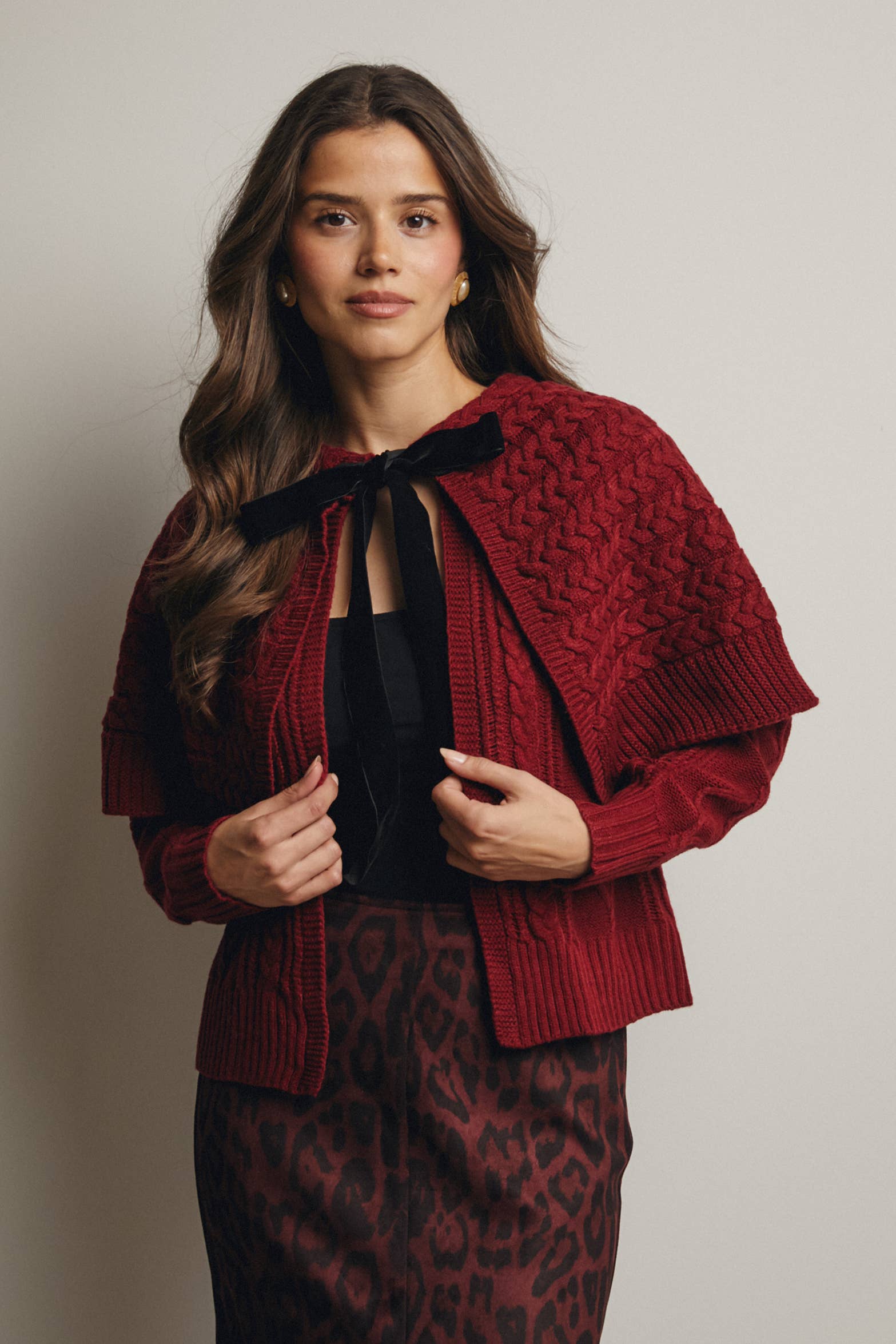 Forte – wholesale Cardigan – Women’s – Cable Knit Capelet Cardigan with Velvet Bow FSW0017 12