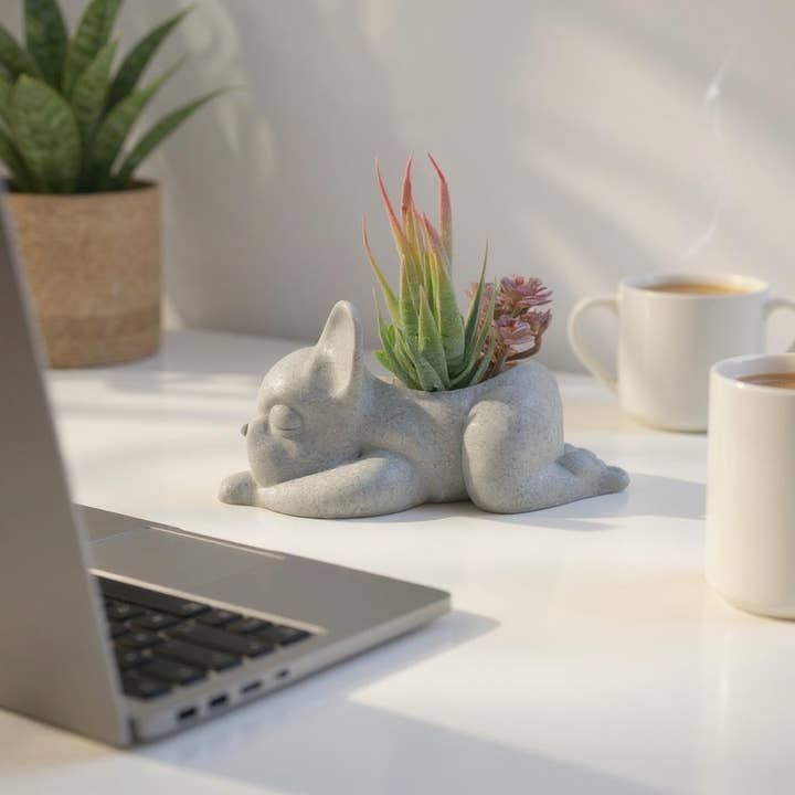 Sleepy French Bull Dog Planter - 3D Printed and other Purchase Wholesale dog planter. Free Returns & Net 60 Terms on Faire trending on Faire.