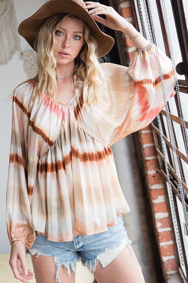 BLUSH CAMEL T1190-1C OUTLET SALE Ombre Lurex Chiffon Babydoll Blouse Top for wholesale on Faire13