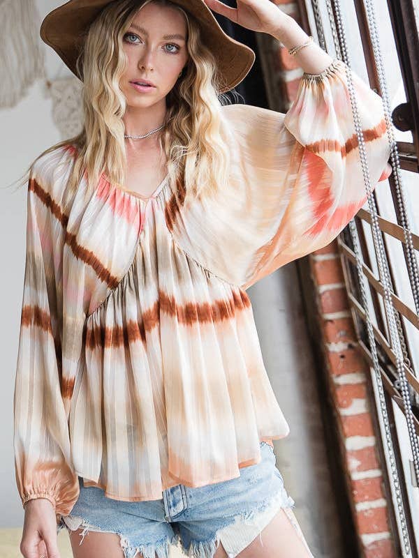 BLUSH CAMEL T1190-1C OUTLET SALE Ombre Lurex Chiffon Babydoll Blouse Top for wholesale on Faire13