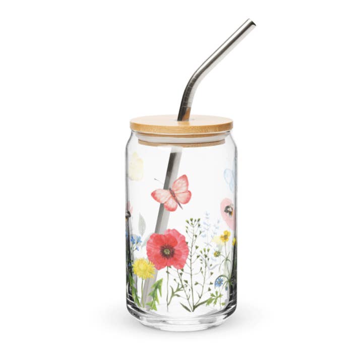 Butterfly Meadow 16oz Glass Can Cup for wholesale by The Paper Flower by Evie