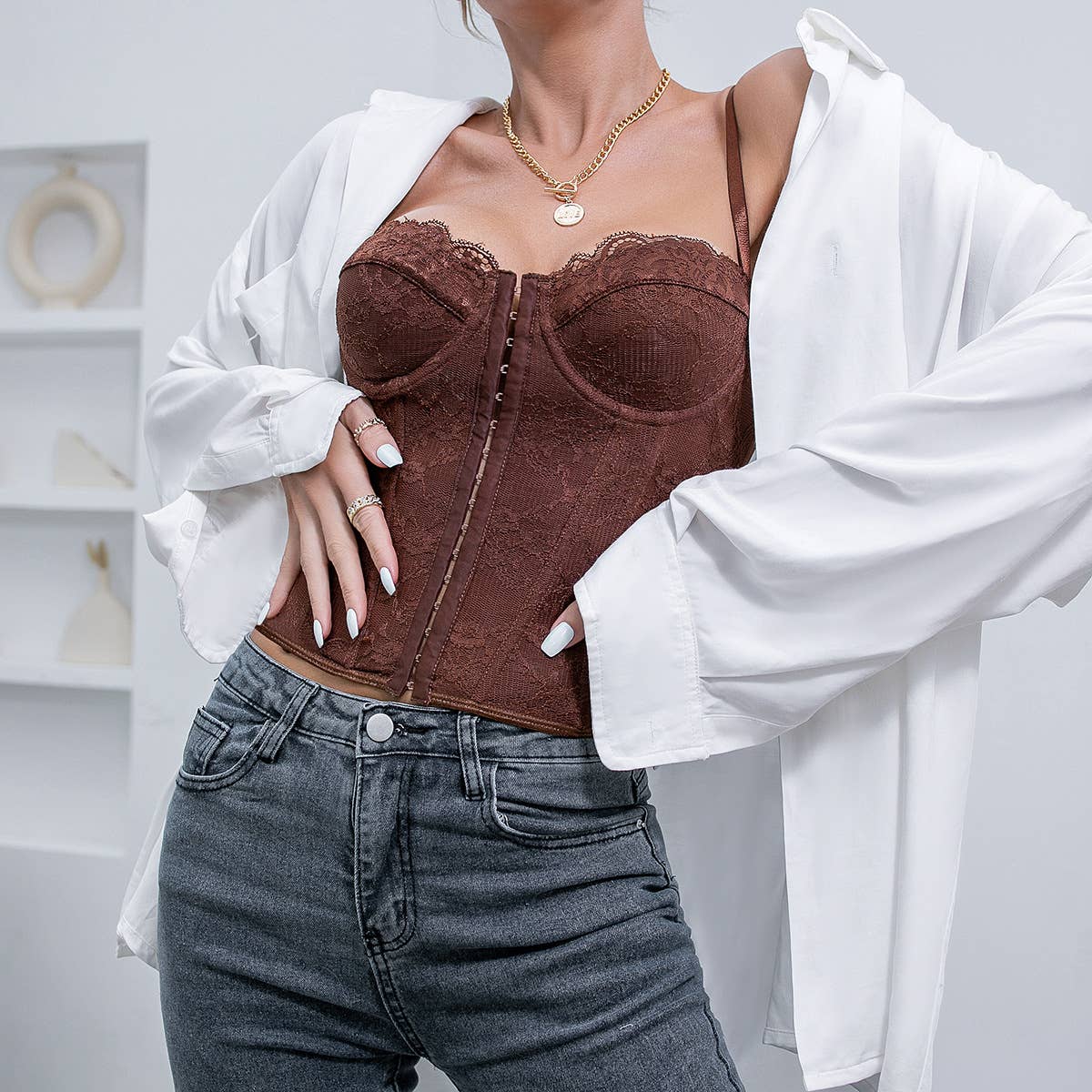 HIDDENBRAND - Wholesale Corset - Women's - Lace-Up Back Pink Lacy Corset6