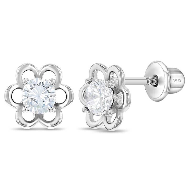 In Season Jewelry - Venta al por mayor Pendientes - Niños - Pendientes transparentes con forma de flor solitaria para niños y niñas, plata de ley