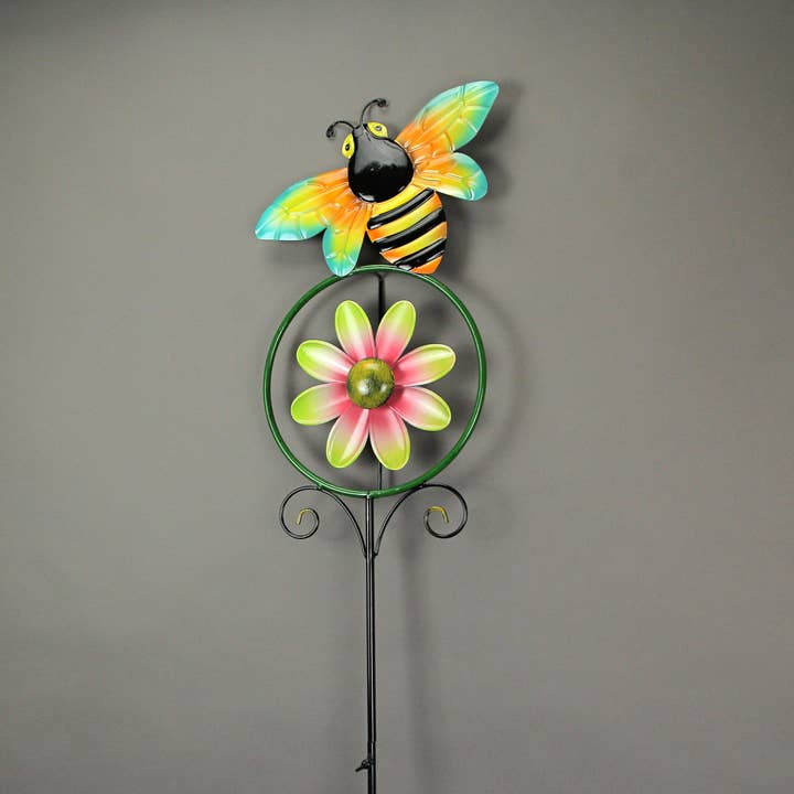 Zeckos - Wholesale Wind Spinner - 55-Inch High Flower and Bumble Bee Wind Spinner Garden Stake