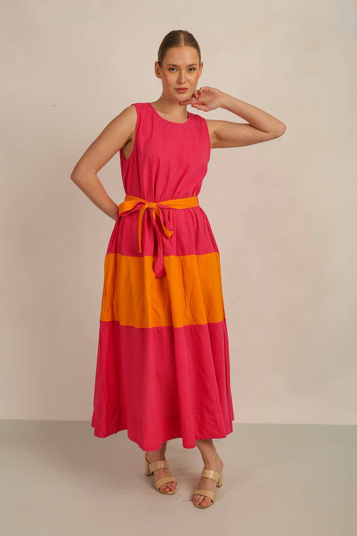 Anannasa Lifestyle - Wholesale Dress – Women's - SAMMY FLARE DRESS w SASH- PINK/ORG LINED4