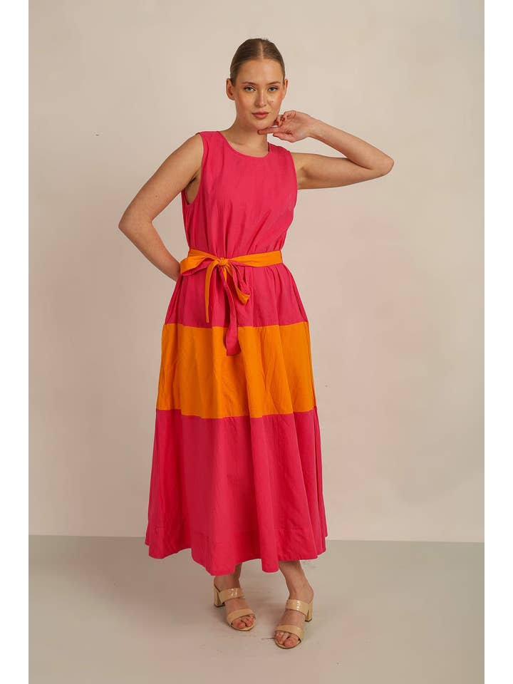 Anannasa Lifestyle – Engroshandel Kjole - Dame – SAMMY FLARE KJOLE med BÆLTE - PINK/ORG FORET4