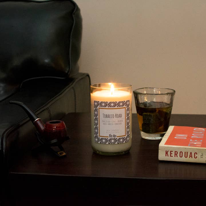 Lit Up Candle Co. - Wholesale Jar/Filled Candle - Tobacco Road 12 oz. soy candles in upcycled wine bottles