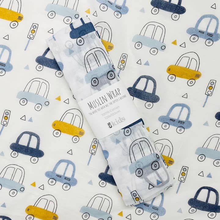 Muslin Wrap - Car Print - 100x120cm for wholesale by ES Kids